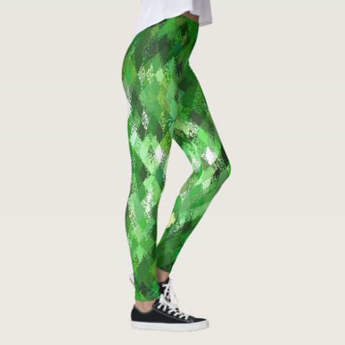 Green Colour_Mix Harlequin Pattern Leggings