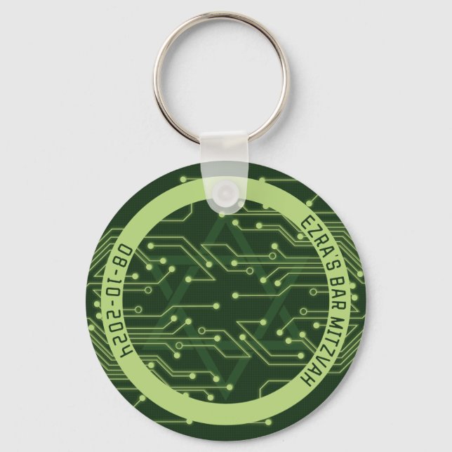 Green Computer Circuit Board Bar Mitzvah Keychain (Front)