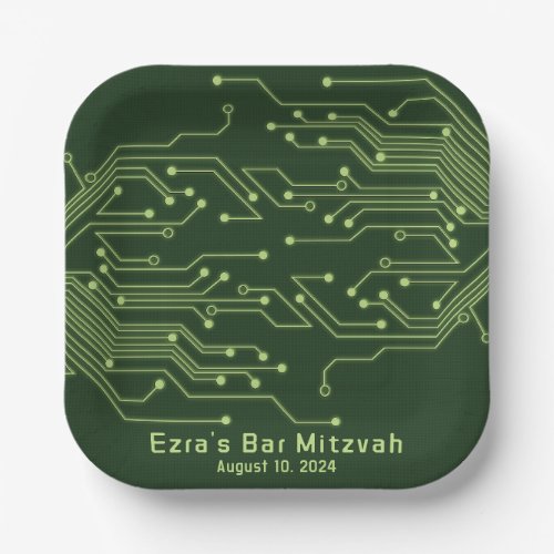 Green Computer Circuit Board Bar Mitzvah Paper Plates