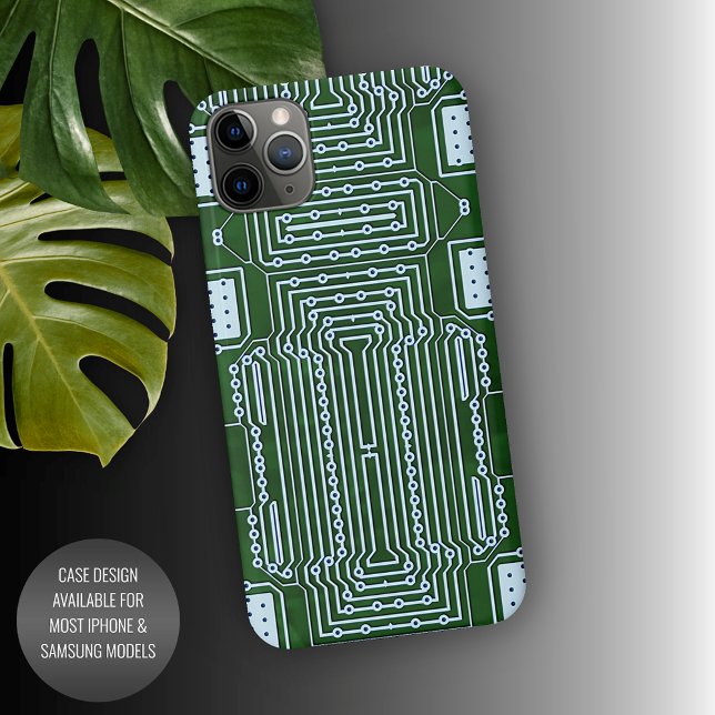 Green Computer Circuit Board White Lines Pattern iPhone Case (Creator Uploaded)