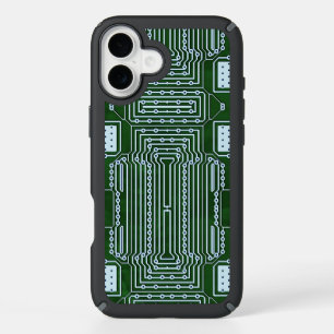 Green Computer Circuit Board White Lines Pattern iPhone 16 Plus Case
