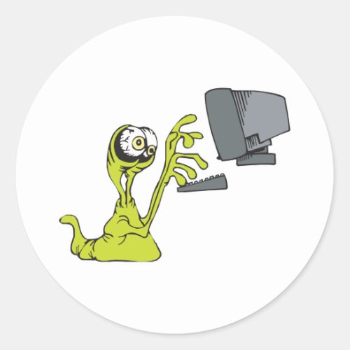 green computer typing alien monster blob classic round sticker