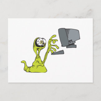green computer typing alien monster blob postcard