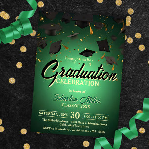 Green Confetti and Caps Graduation Celebration Invitation