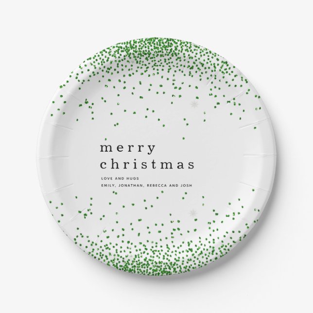 Green Confetti Glitter Name Merry Christmas Paper Plates (Front)