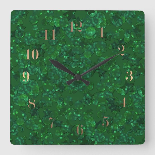 Green, confetti, glitter square wall clock (Front)