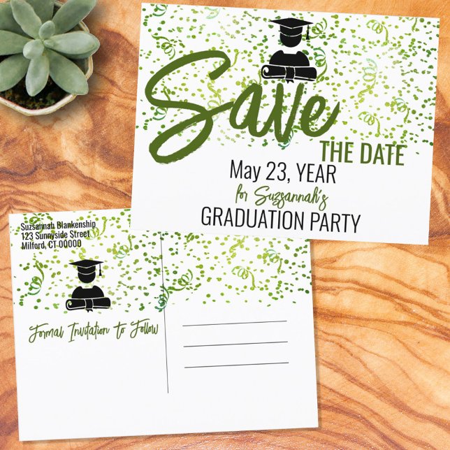 Green Confetti Graduation Party Save The Date  Announcement Postcard (Creator Uploaded)