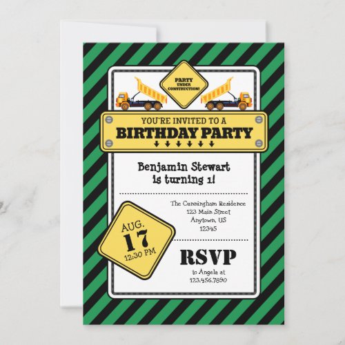 Green Construction Birthday Invitation