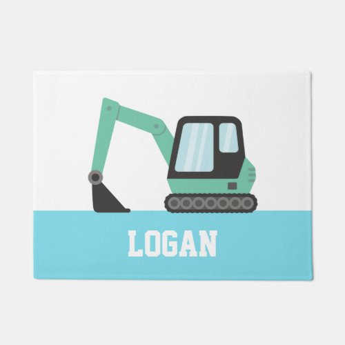 Green Construction Excavator Kids Name Doormat