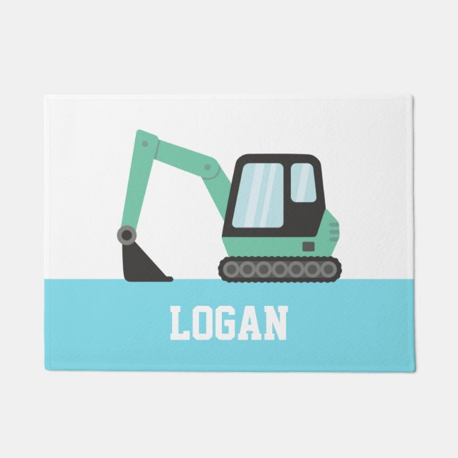 Green Construction Excavator Kids Name Doormat (Front)
