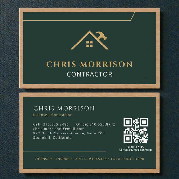 Green Construction Professional Wood QR Code Business Card