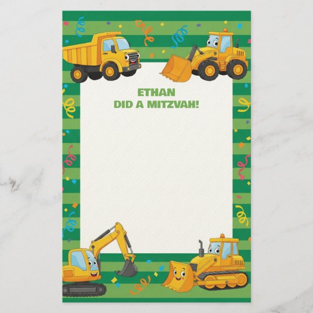 Green Construction Trucks Custom Name Mitzvah Note Stationery (Front)