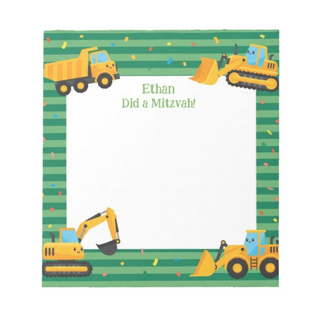 Green Construction Trucks Personalized Mitzvah Notepad (Front)
