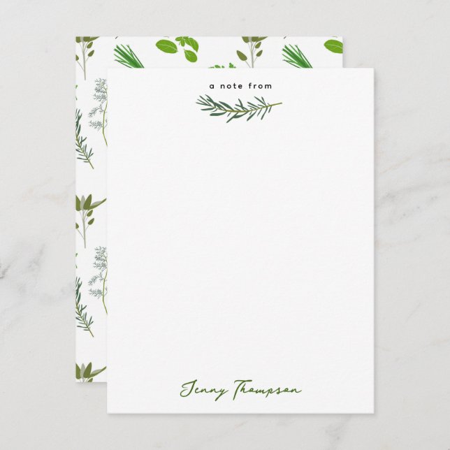 Green Cooking Culinary Garden Herbs Custom Name Note Card (Front/Back)