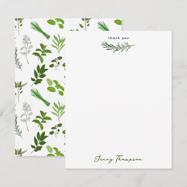Green Cooking Culinary Garden Herbs Custom Name Thank You Card (Front/Back)