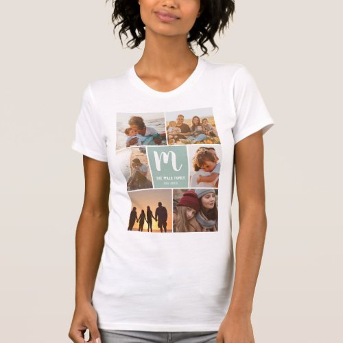 Green cool family monogram 6 photo collage grid T_Shirt