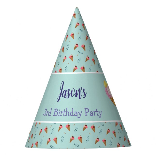 Green Cool Ice Cream Cone Kids Birthday Party Hat (Front)