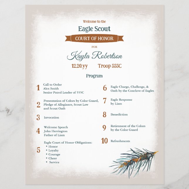 Green, Copper Pine Needles Eagle Court of Honor Flyer (Front)