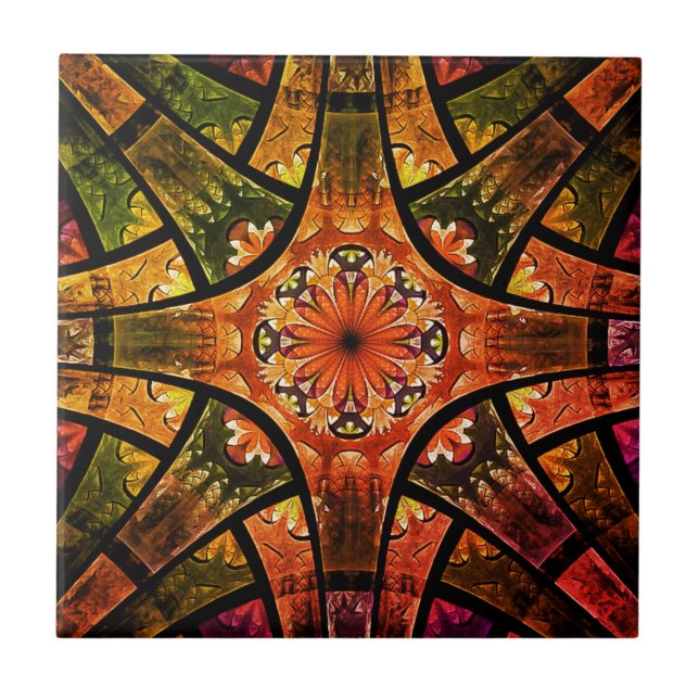 Green & Copper Stained Glass Design Ceramic Tile (Front)