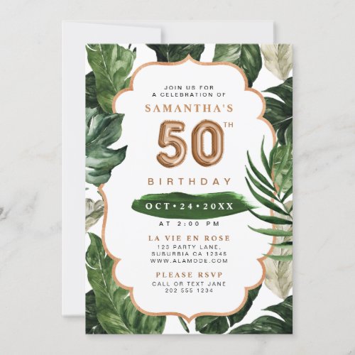 Green  Copper Tropical Leaves 50th Birthday Invitation