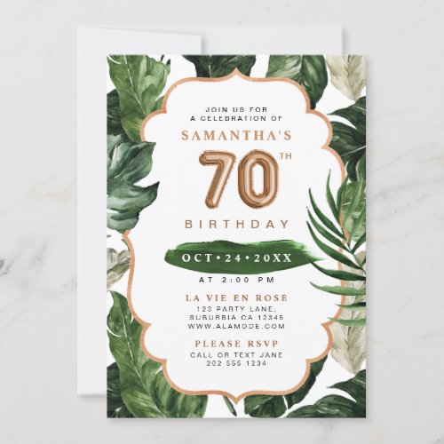 Green  Copper Tropical Leaves 70th Birthday Invitation
