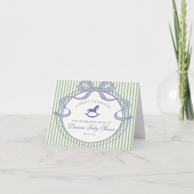 Green Coquette Bow Rocking Horse Baby Thank You  Card (Front)