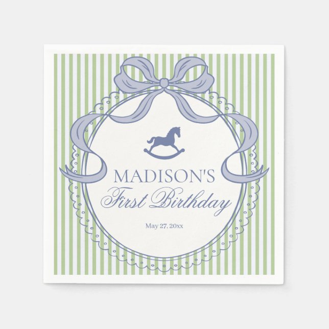 Green Coquette Bow Rocking Horse Birthday Dessert Napkins (Front)