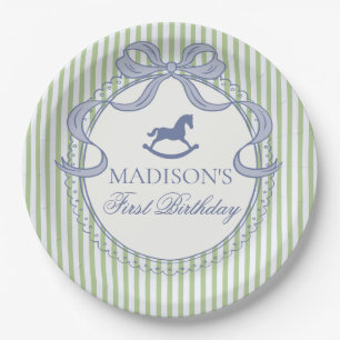Green Coquette Bow Rocking Horse Birthday Paper Plates