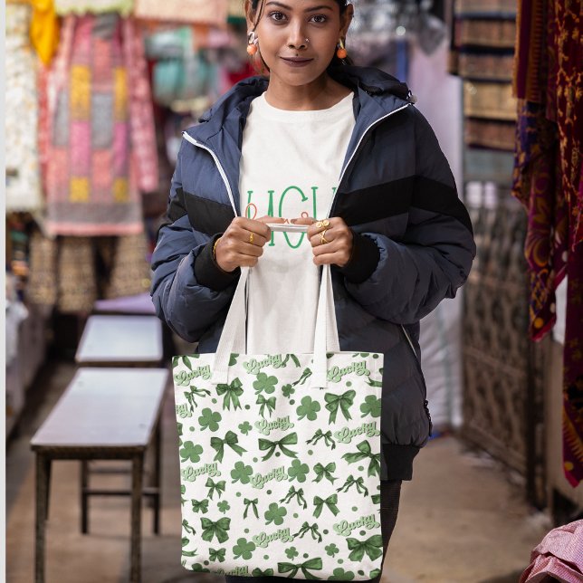 Green Coquette Lucky St Patrick's Day Pattern Tote Bag (Creator Uploaded)