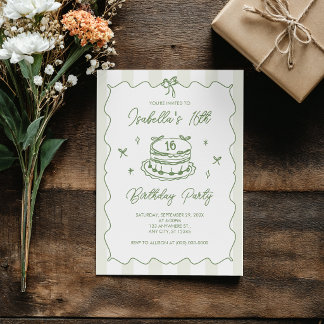 Green Coquette Striped Vintage Bow 16th Birthday Invitation