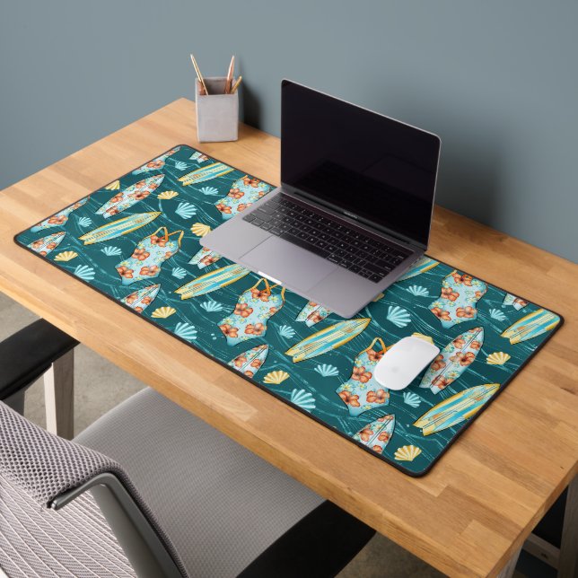 GREEN & CORAL BATHING SUIT, SURFBOARDS, SHELLS DESK MAT (Office 2)