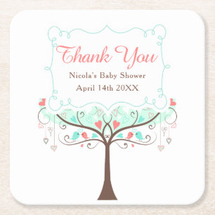 Green Coral Floral Bird Baby Shower Thank You Square Paper Coaster