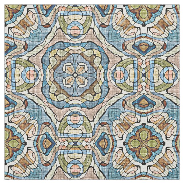 Green Coral Orange Blue Bali Batik Style Pattern Fabric (Swatch)
