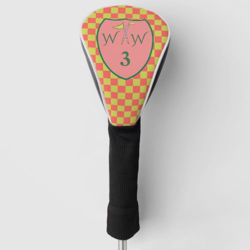 Green  Coral Pink Checks with Initials  Numbers Golf Head Cover