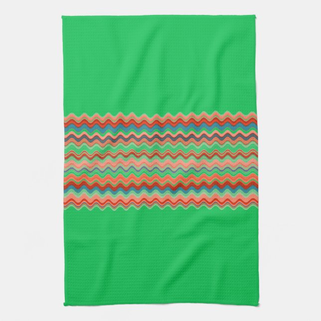 GREEN Coral Salmon Orange Turquoise Zigzag Pattern Kitchen Towel (Vertical)