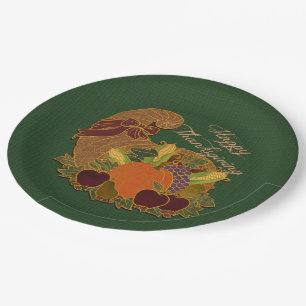 Green Cornucopia Thanksgiving Paper Plates