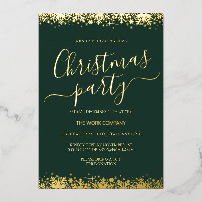 Green Corporate Christmas Party Gold Snowflake Foil Invitation (Front)