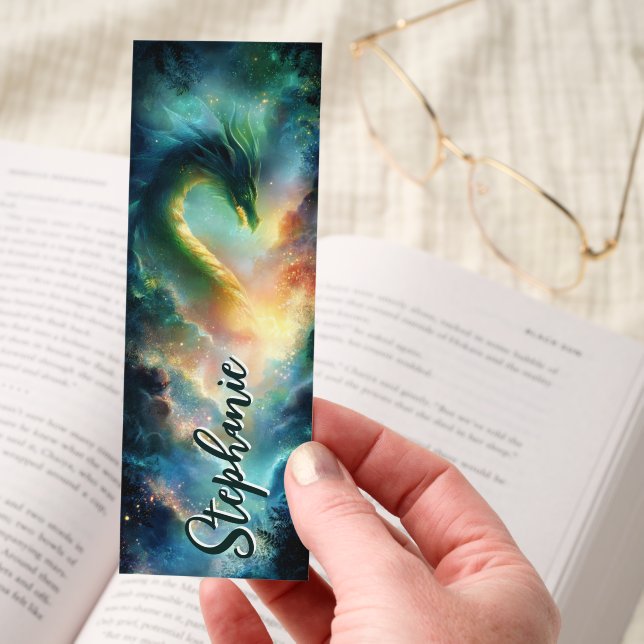 Green Cosmic Dragon Starry Sky Personalized Bookmarks (Hand)