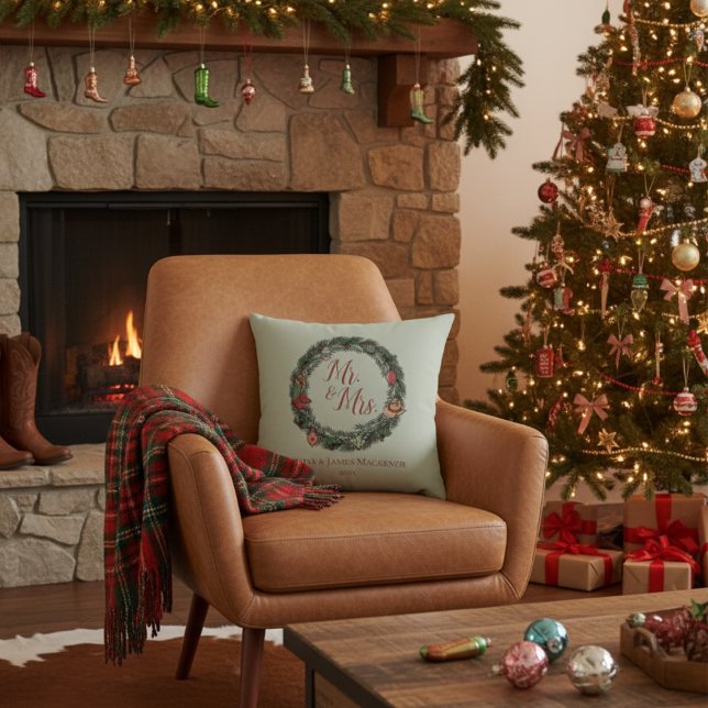 Green Country Wedding Mr. and Mrs. Christmas Throw Pillow (Country Sage Green Mr & Mrs Christmas Pillow. Pine Wreath with Vintage Ornaments, Cowboy Hat, Boots)