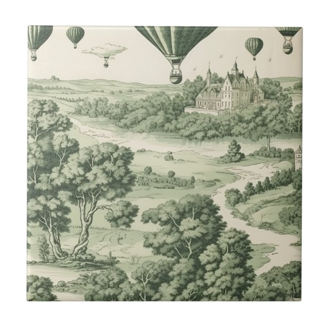 Green Countryside Hot Air Balloon Toile (11) Ceramic Tile (Front)
