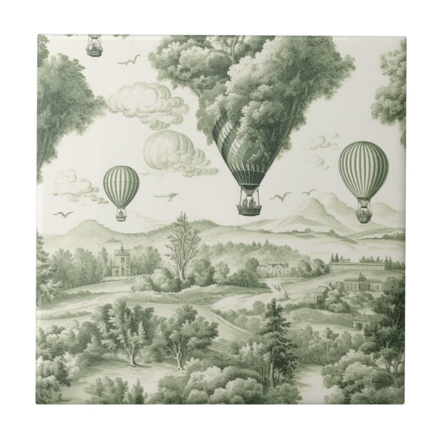 Green Countryside Hot Air Balloon Toile (3) Ceramic Tile (Front)
