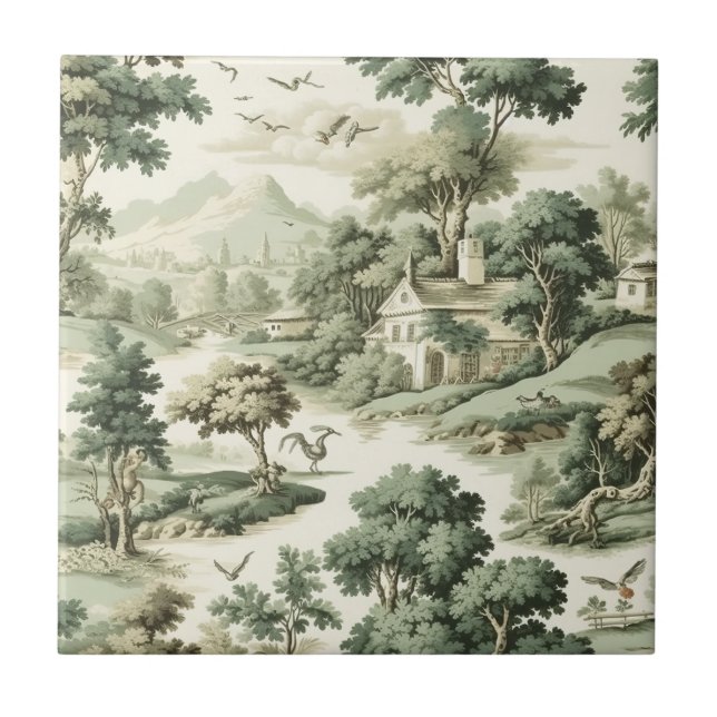 Green Countryside Hot Air Balloon Toile (8) Ceramic Tile (Front)