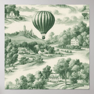 Green Countryside Hot Air Balloon Toile (9) Poster