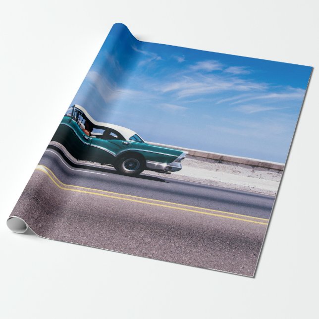 Green coupe on gray asphalt road wrapping paper (Unrolled)