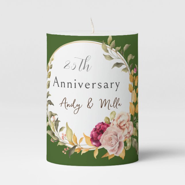 Green Couple Wedding Anniversary Elegant Floral  Pillar Candle (Front)
