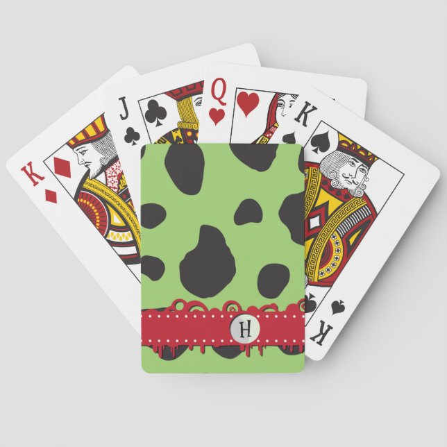 Green Cow, Cow Print, Cow Spots, Monogram Poker Cards (Back)