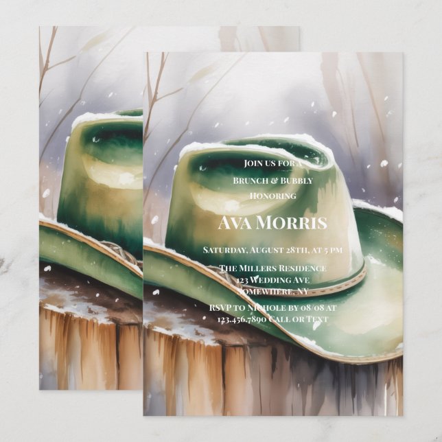 Green Cowboy Hat in Snow Brunch & Bubbly Invitation (Front/Back)