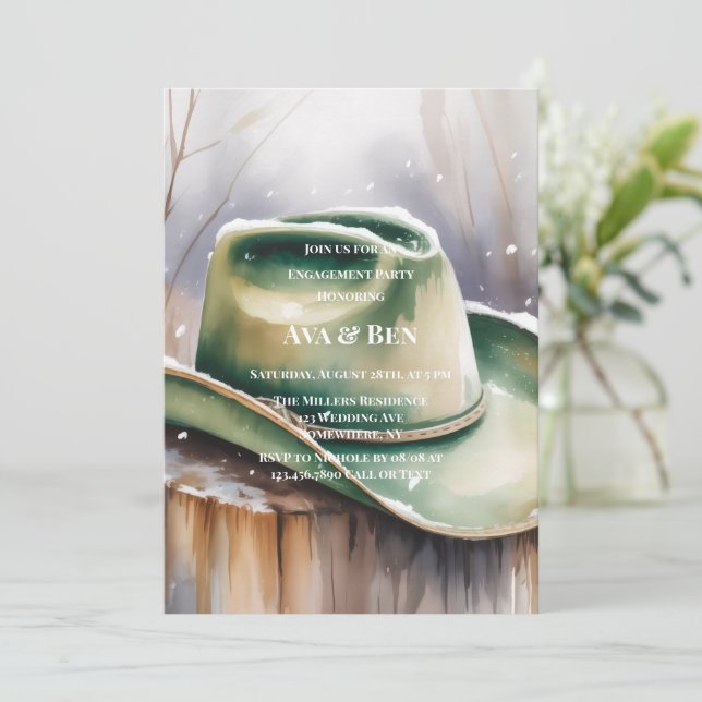 Green Cowboy Hat in Snow Engagement Party Invitation (Standing Front)
