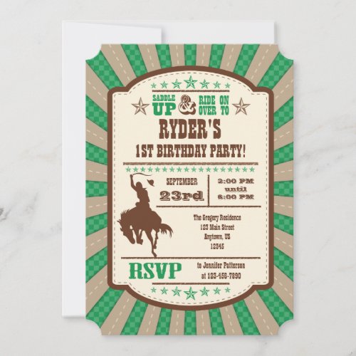 Green Cowboy Rodeo Birthday Party Invitation