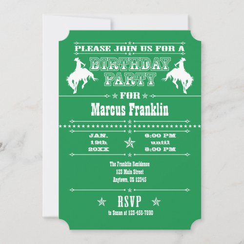 Green Cowboy Rodeo Birthday Party Invitation